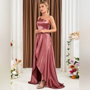 Satin-look prom bridesmaid dress rose mauve one shoulder